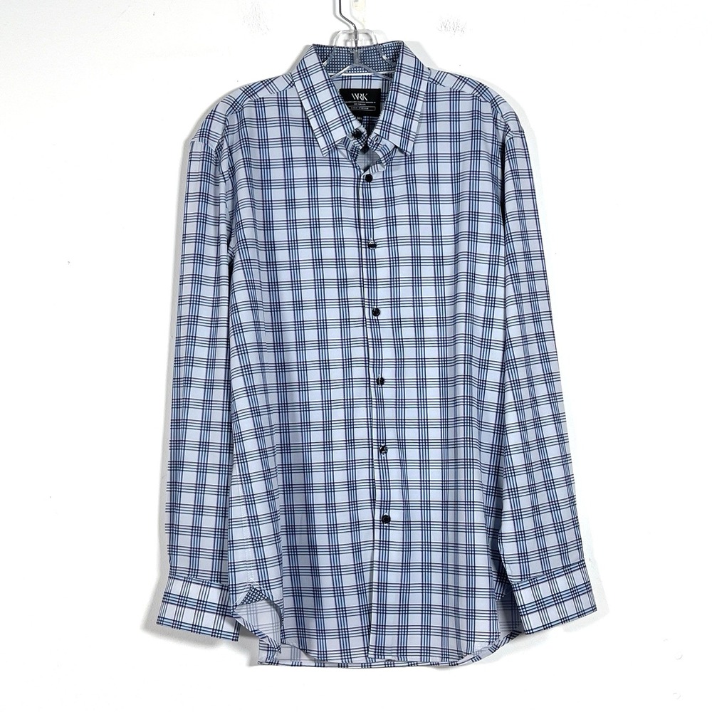 WRK 4 Way Stretch Shirt Mens Sz 16.5 Blue Plaid Long Sleeve Button Up‎